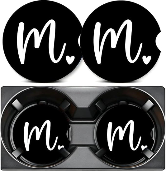 2PCS Letter M Car Cup Holder Coasters,Simple Initial Car Coasters Cars Accessories Interior Decor Universal Neoprene 2.75" Anti-Slip Rubber Mat with Finger Slot,Monogram Gifts for Women, Men, Driver