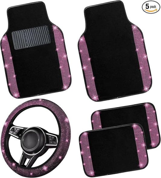 NBTEPEM Bling Car Floor Mats Full Set and Steering Wheel Cover, Universal Fit Most Cars, 4 pcs Sparkle Glitter Diamond Carpet, 5 pcs Bling Car Accessories Set for Women (Pink Diamond)