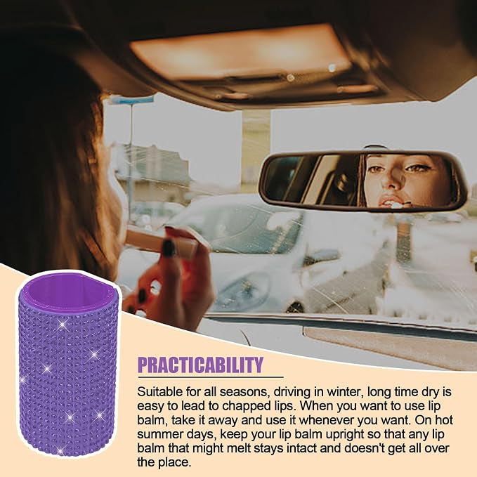 Upright Car Chapstick Holder, Bling Insulating Lip Balm Holder,Rhinestone Car Accessories for Women Interior ,Suitable for Most Vehicles. (Purple)