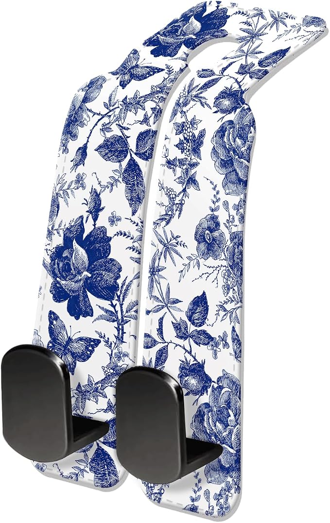 Car Seat Headrest Hook, Universal Leather Cute Hanger Holder Hook, Storage Organizer Interior Accessories for Purse Bags Handbag Luxury Blue Flowers