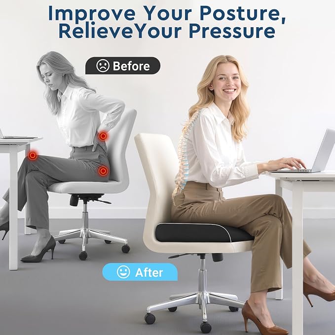 Seat Cushion, Memory Foam Office Chair Cushions for Long Sitting Hours, Chair Pad for Sciatica, Coccyx, Tailbone, Hip Pain & Pressure Relief, Office, Home, Car Seats, Airplane, Black/Large