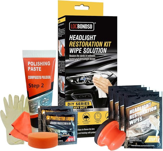 LOCBONDSO Headlight Restoration Kit, Headlight Cleaner and Protective Wipes, 3 Easy Steps Restore Clarity of Yellowed, Hazed, Dull Headlight Lenses