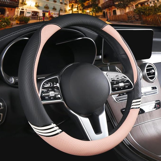 Small 14 inch Cute Leather Steering Wheel Cover Black and Pink | Breathable Non-Slip Faux Leather and Carbon Fiber Car Accessories for Women Men 13.5 inch to 14 inch