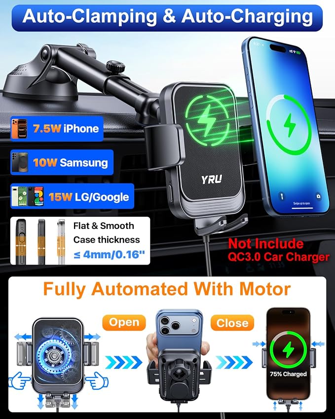 YRU [True Military-Grade] Wireless Car Charger Mount, 15W Charging Auto Clamping Car Phone Holder [98+LBS Strong] Dashboard Windshield Vent Cellphone Holder for iPhone 17 16 15 Pro Max, Dark Black