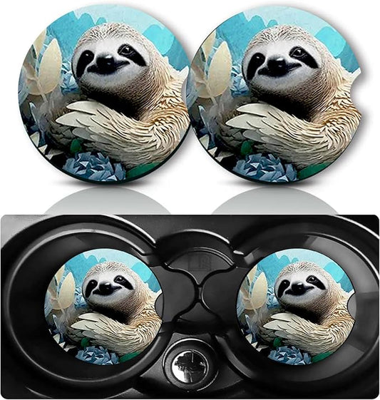 2Pcs Sloth Car Coasters,2.75" Neoprene Rubber Cars Cup Holder Coasters | Universal Non‑Slip Mat, Drink Coaster Decor Auto Accessories Sloths Gifts for Women,Men,Mom