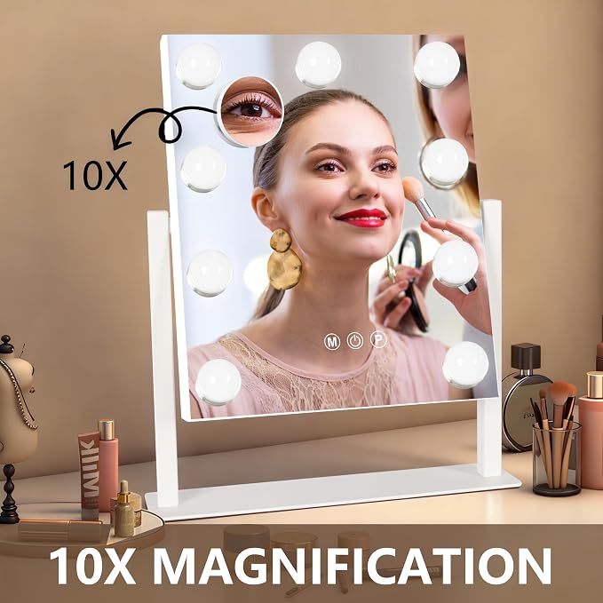 Ratsamee Hollywood Vanity Mirror with Lights, 12" x 14", 9 Dimmable Bulbs, 3 Color Lights, Make Up Lighted Mirror, 10x Magnification 360°Rotation White