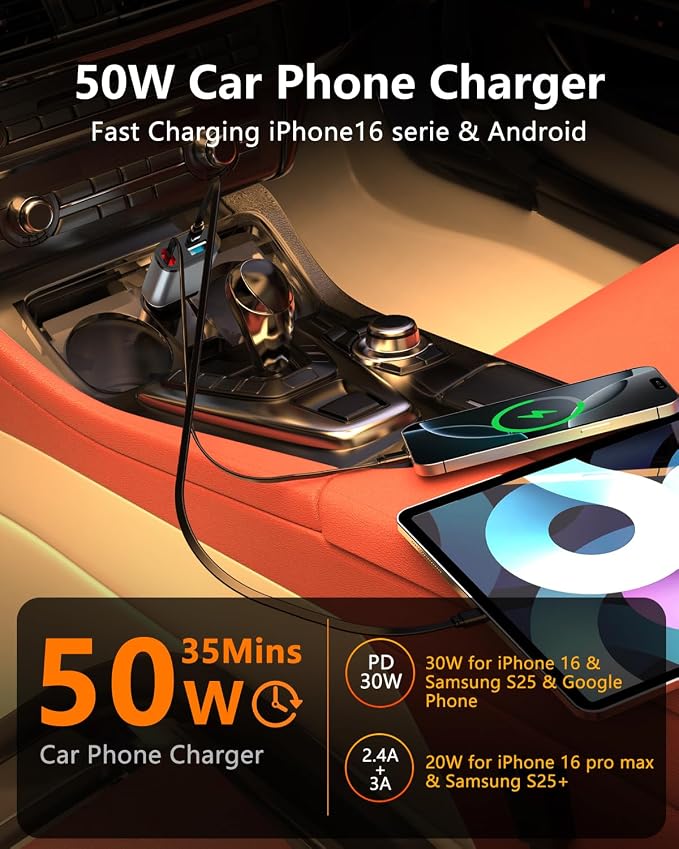 Retractable Car Charger,Car Phone Charger USB C Fast Charge for iPhone | EloBeth Car Charger,Cigarette Lighter USB Charger Car Accessories,Road Trip Essentials Gift for Men,for iPhone 17/16,Galaxy