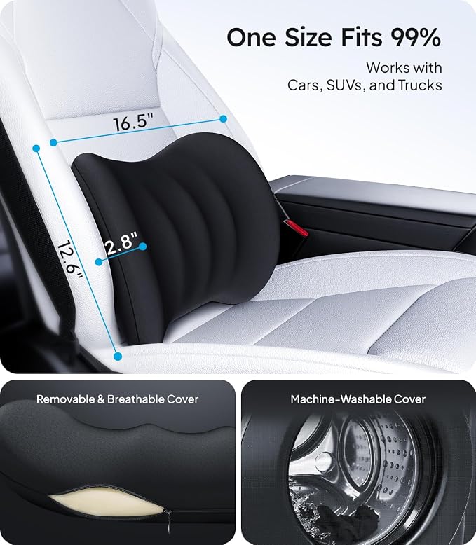 Wigoo 2026 Lumbar Support Pillow for Car [Ergonomic Design, Pressure Relief] Back Cushion for Driving Seat, Back Support Pillow for Car-Office Chair, Fits All Vehicles (Black 1-Pack)