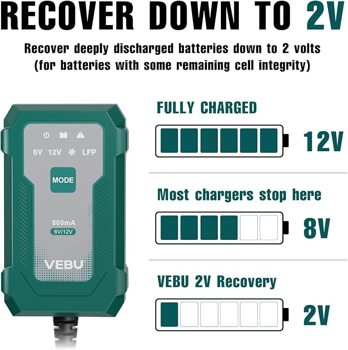 Motorcycle Trickle Charger 800mA Smart Battery Charger & Maintainer - Automatic for 6V/12V Lead Acid/Lithium Batteries, Plug & Play for Car Motorcycle Boat RV