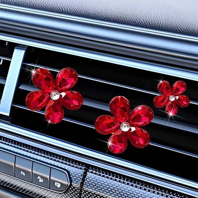 5PCS Bling Flower Car Air Vent Clips, Crystal Rhinestone Vehicle Air Conditioning Outlet Clip, Diamond Automotive Interior Decoration Charm, Universal for Automobile RV Truck (Red)