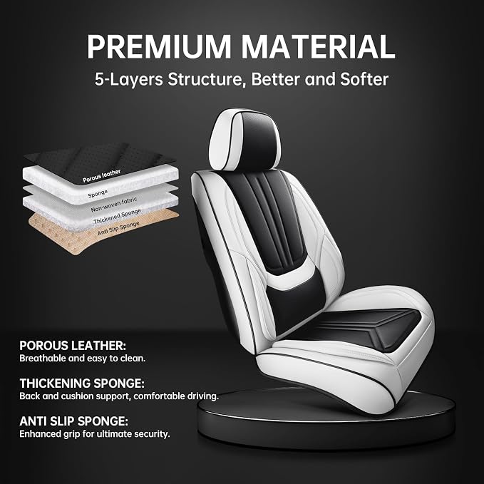 Car Seat Covers Full Set White and Black, Premium Leather Car Seat Covers, Waterproof and Breathable Seat Covers, Universal Car Seat Protector Fit for Cars, Trucks, SUVs, Pick-ups