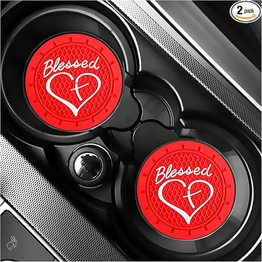 2 PCS Car Cup Holder Coaster, 2.76 Inch Non-Slip Auto Drink Mats with Blessed Cross and Heart, Shockproof Christian Cup Insert Coaster for Most Vehicles, Car Accessories (Red)