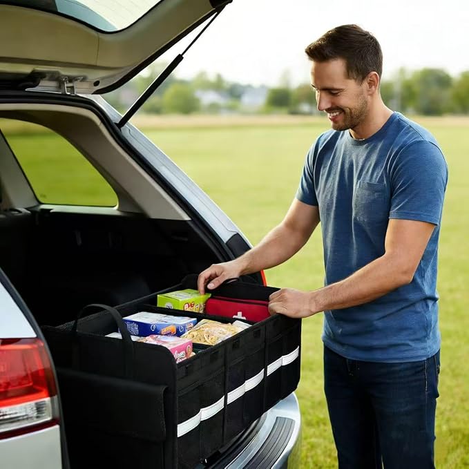 CloudDream Car Trunk Organizer, 100L Extra Large Capacity SUV Cargo Storage with 3 Compartments & 6 Pockets, Waterproof Collapsible Organizer for SUV, Truck, Minivan, Sedan, Auto Accessories