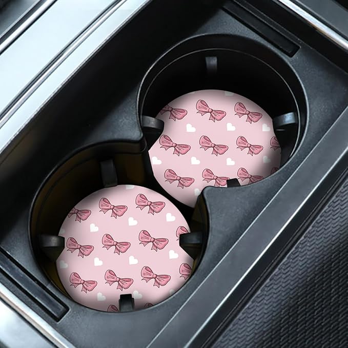 2 Pack Car Cup Holder Coasters, Pink Bows Insert Car Coaster, 2.75 Inch Anti Slip Shockproof Embedded Drink Mat, Vehicle Interior Decor Accessories (Pink-Bows)