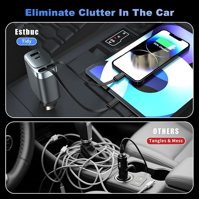 2 Pack 84W Retractable Car Charger, 4-in-1 USB C Fast Charging Adapter | Cigarette Lighter USB Charger Adapter, Fast charge for iPhone 17-11 & Samsung, Ideal Car Accessories & Gifts for Men Women