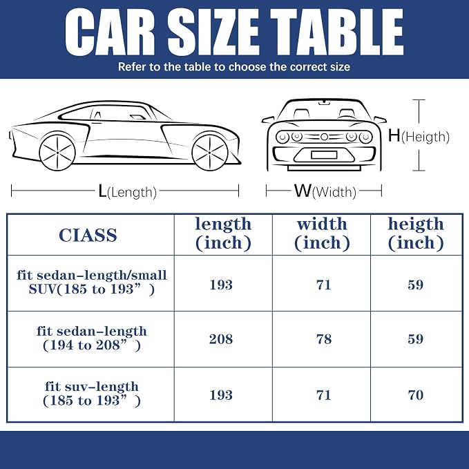 Riakrum Full Car Cover Waterproof All Weather for Automobiles Windproof Cover Rain UV Protection Sun Scratch Resistant Outdoor Universal(Fit Sedan Length/Small SUV (185-193") 59'' H,Black, Blue)
