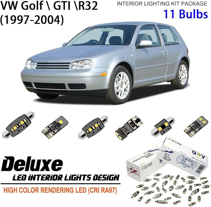 PL9140A - LED Interior Light Kit for Volkswagen Golf GTI R32 MK4 1997-2004 Dome Light Bulbs Replacement Package, 6000K Xenon White LED Lights Upgrade Error Free (11 Bulbs)