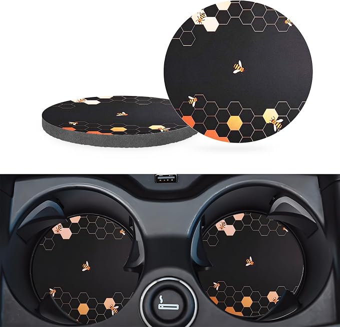Car Cup Holder Coasters, 2 Pack – 2.75" Universal Auto Anti-Slip Insert Coaster, Rubber Car Coasters, Personalized Car Accessories for Women & Men (Bee Honeycomb)