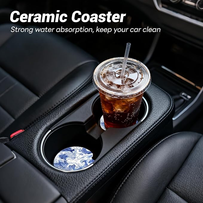 Car Cup Holder Ceramic Coasters 2 Pack, 2.56 in Anti Slip Absorbent Coaster with Cork Base and Finger Notch, Funny Cute Car Accessories Interior for Women, Sea Wave