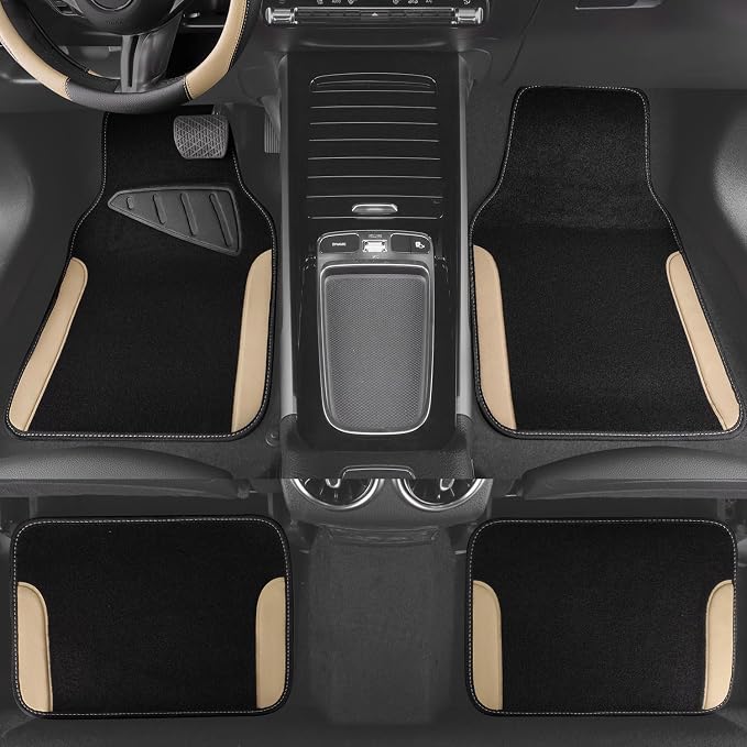 CAR PASS Waterproof Car Floor Mat, Universal Fit Car Mats with Driver Heel Pad, Leather Car Carpet, Anti-Slip Nibbed Backing Floor Mats for SUV, Vans,Sedan,Truck, Automotive Floor Mats (Black Beige)