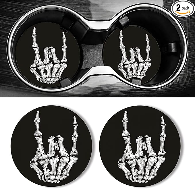 WOCOCN Car Coasters for Cup Holders - 2 Pack 2.75" Universal Rubber Car Cup Coaster, Non-Slip Waterproof Car Interior Accessories, Cute Car Decor Gifts for Women and Men (Skeleton Hand)