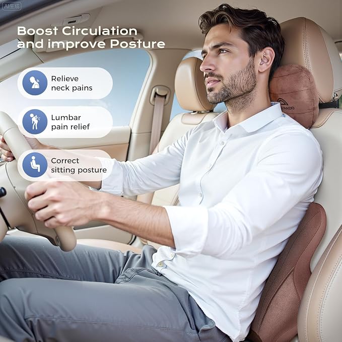 Coverado Car Lumbar Support Pillow and Car Neck Pillow Kit, Ergonomic Design Car Headrest Pillow for Driving, Relax Back Head Muscles Relieve Driving Fatigue, Breathable & Removable Cover
