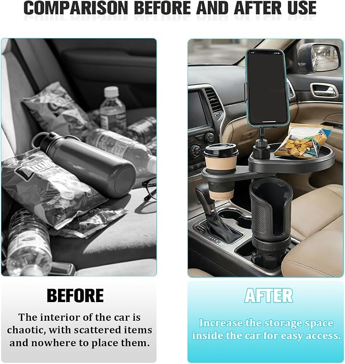 Car Cup Holder Tray, 3 in 1 Multifunctional Vehicle Food Water Bottle Phone Holder Expander Adapter with Adjustable Base, Detachable Auto Interior Food Tray Table, Universal Fit (Gray)