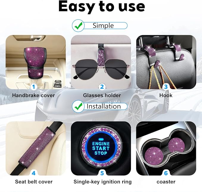 8PCS Bling Car Accessories Set, Sparkly Rhinestone Vehicle Steering Wheel Seat Belt Gear Shift Start Stop Button Cover, Diamond Auto Cup Holder Coaster Decoration, Universal Fit (Pink)