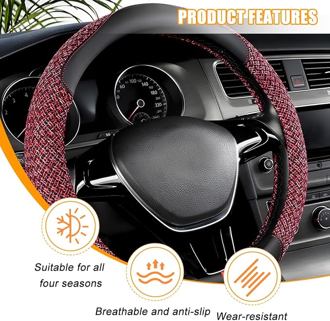 Zpana Car Steering Wheel Cover, 14.5-15" Breathable Linen Sporty Vehicle Steering Wheel Protector with Non-Slip Lining, Automotive Interior Decoration Accessories, Universal Fit (Black/Red)