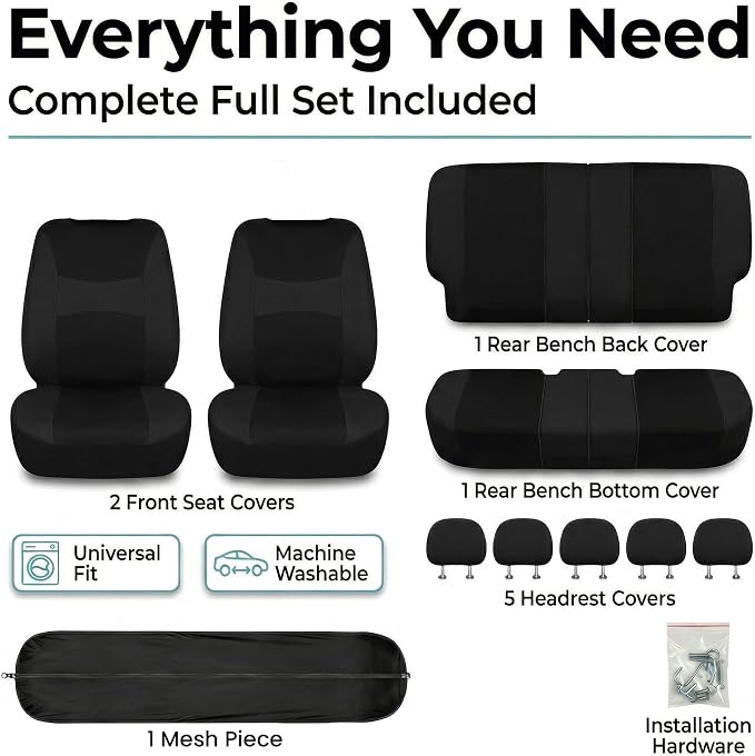FH Group Universal Car Seat Covers Full Set for SUV Truck Sedan Vans | All-Purpose Cloth Seat Cover Set Airbag Compatible Washable Split Bench Protector Interior Upgrade - Black