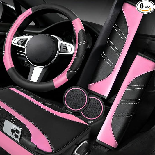NBTEPEM 6 Pcs Pink Car Accessories Set, Sport Leather Steering Wheel Cover 14.5-15inch Universal, Microfiber Leather Car Center Console Cover, Seat Belt Cushion, Cup Holder Coaster (Black-Pink)