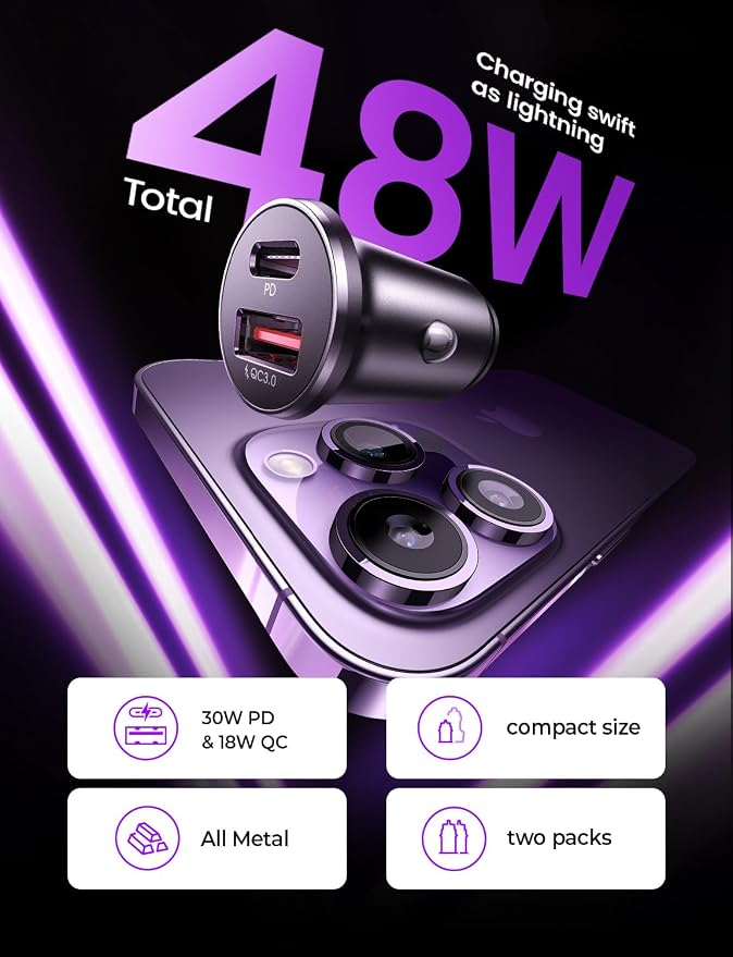 LISEN 54W Car Phone Charger USB C, Cigarette Lighter Adapter, Car Accessories for iPhone, USB C Car Charger Adapter USBC Type C 12v, Fit for iPhone 16, 15, 14, 13 Samsung Google iPad Android, Blue | Cigarette Lighter USB Charger, Car Accessories for Me...