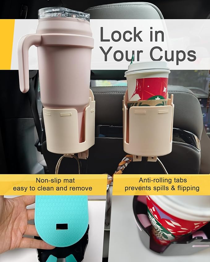 Headrest Cup Holder for Back Seat, Stable Spill-Resistant Drink Holder with Hooks for Bags, Fits 50oz Bottles, Compatible with Sedans, SUVs, and Trucks 1 Pack