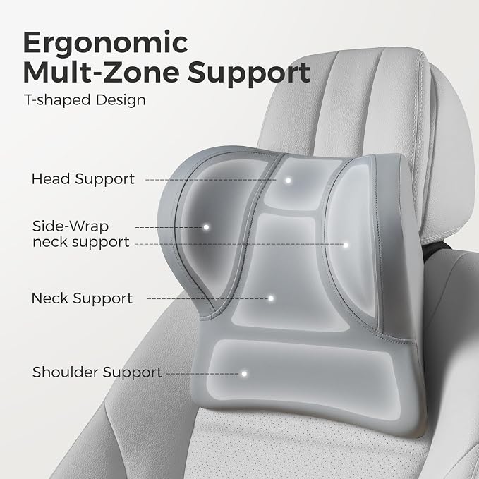 BEBAS Car Headrest Pillow, Ergonomic Memory Foam Car Neck Pillow for Driving, Neck Support Pillow with Breathable Removable Cover, Headrest Support Cushion for Pain Relief, Fits All Vehicles(Gray)
