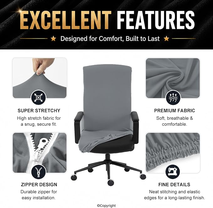 DIVA EN CAMINO DEC Stretchable Office Chair Cover with Durable Zipper, Soft Slipcover for Computer Desk Chair - Mid Gray