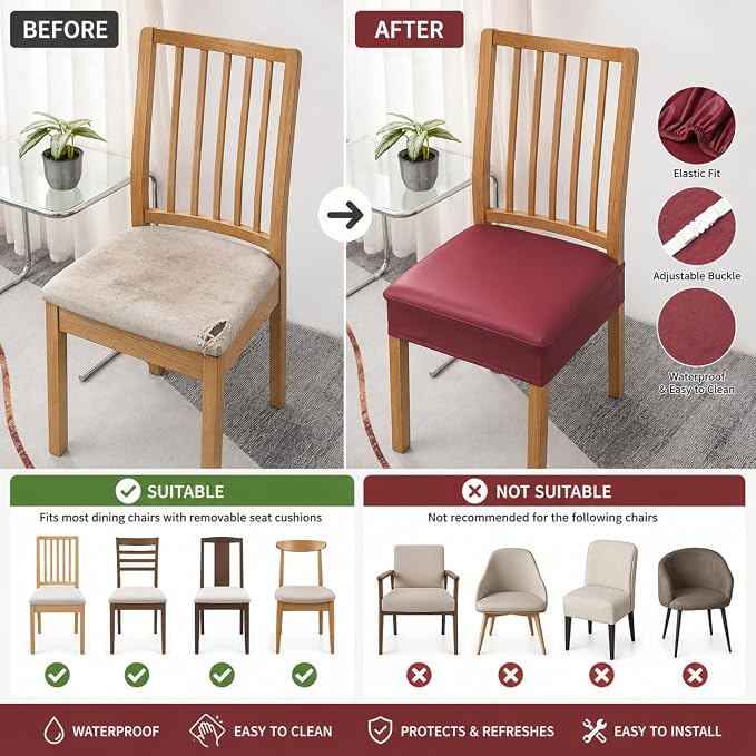 NILUOH Waterproof Seat Covers for Dining Room Chairs Set of 2, Pu Leather Chair Seat Slipcovers Dining Chair Cover Removable Washable Chair Protctor Cover, Rear Covers (PU-Red Wine)