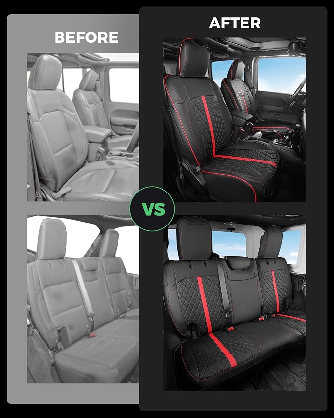 for Jeep Wrangler Seat Covers 4Door JL 2018 2019 2020 2021 2022 2023 2024 2025 2026, Custom Car Seat Cover Full Set, Luxury Waterproof Leather Protectors, Black Red Trim, W/O Rear Cup Holder