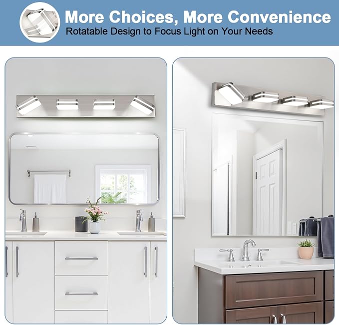 Torondo 360° Rotate LED Bathroom Vanity Light Fixtures, Acrylic Vanity Lights for Bathroom, Modern Wall Lighting Fixtures Over Mirror Living, Brushed Nickel, Natural White, 4-Light, 27-Inch