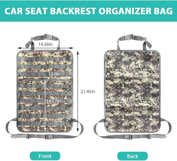 Car Seat Back Organizer, Tactical MOLLE Sag Proof Vehicle Panel Backseat Cover Protector, Universal Molle Nylon Storage Bag Seat Back Hanger Pad for Car Truck SUV Pickup (Camouflage ACU)