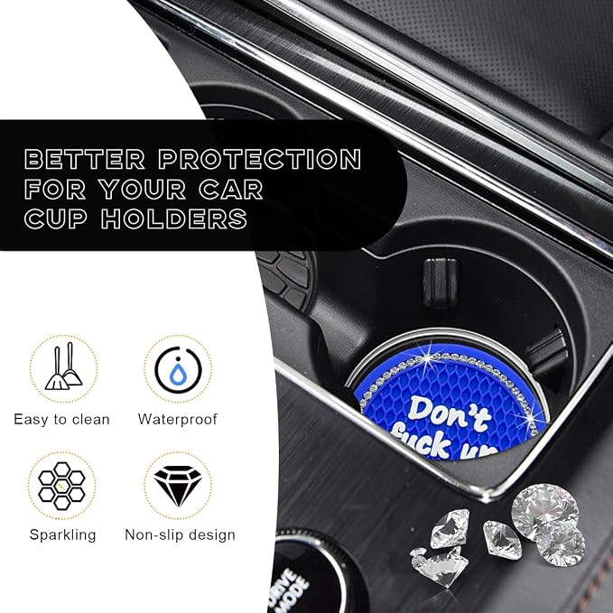 Ohleats Bling Car Cup Coaster, 2.75 Inch Non-Slip Don't Fuck Up My Car Please Cup Holder Insert Coaster, Crystal Rhinestone Auto Drink Cup Mat, Universal Car Accessories (Blue-4PCS)