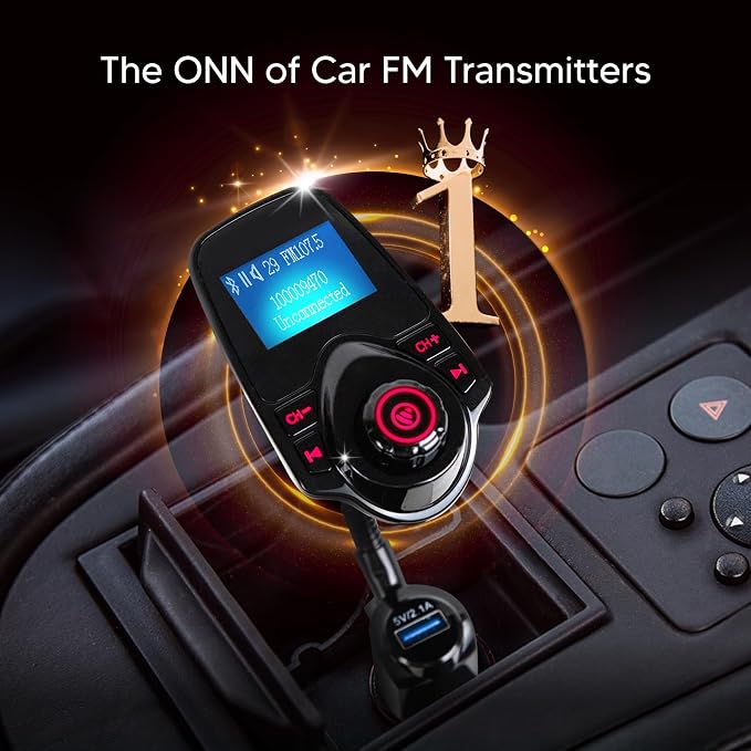 ONN FM Bluetooth FM Transmitter for Car, Bluetooth Car Adapter, Black | Dual USB Fast Charging, Bluetooth 5.0, 1.44" LCD, Bluetooth USB MicroSD AUX, Flexible Gooseneck, 12V-24V for Cars SUVs Trucks