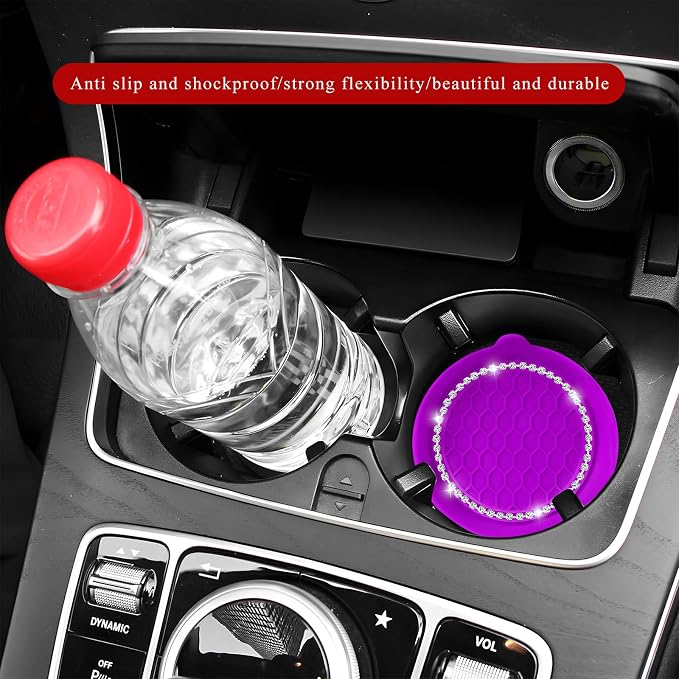 Sun Walker 4 PCS Bling Car Cup Holder Coaster, Non Slip Sparkly Rhinestone Cup Holder Pad Insert Coaster, Shockproof Silicone Shiny Embedded Drink Mat Interior Decor for Most Vehicles (Dark Purple)