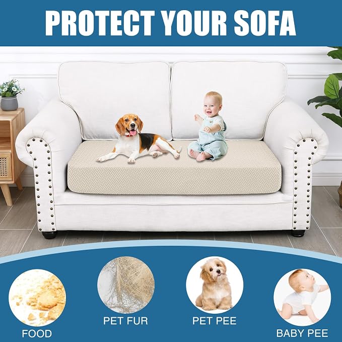 Smiry Waterproof Couch Cushion Covers, Stretch Jacquard Thick Sofa Cushion Covers, Washable Seat Slipcover Elastic Furniture Protector for Pets, Kid (Medium, Apricot)