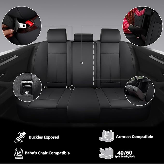 Full Coverage Leather Car Seat Covers Full Set,Waterproof Seat Covers for Cars,SUVs Pick-up Truck, Car Seat Cushion,Car Seat Protector,Black Seat Cover with 5 Seats