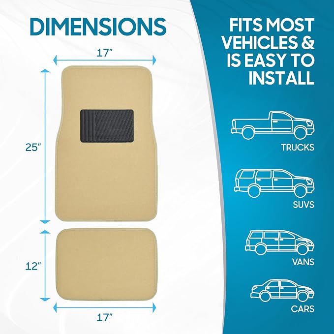 BDK MT-100-LB Classic Light Beige Carpet Floor Mats with Vinyl Heel Pad for Car SUV Truck Van, Universal Fit Front & Rear Liner