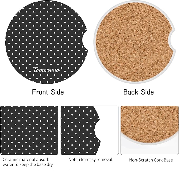 Cute Fashion Polka Dot Car Coasters 2 Pack for Cup Holders, 2.56 Inch Finger Notch Retro 70's Style Ceramics Heat Resistant Anti Slip Cork Base Car Drinks Coasters Auto Accessories-Black