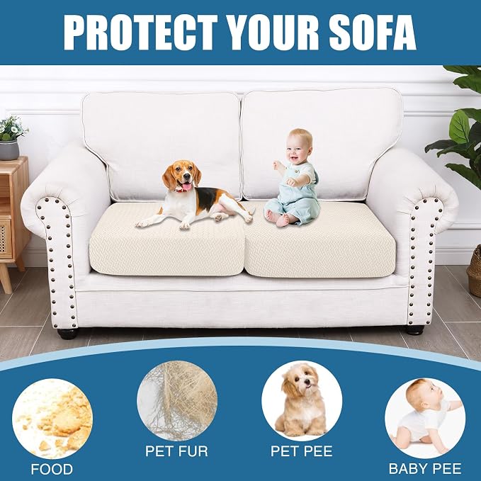 Smiry Waterproof Couch Cushion Covers, Stretch Jacquard Thick Sofa Cushion Covers, Washable Seat Slipcover Elastic Furniture Protector for Pets, Kid (2PC, Light Biege)