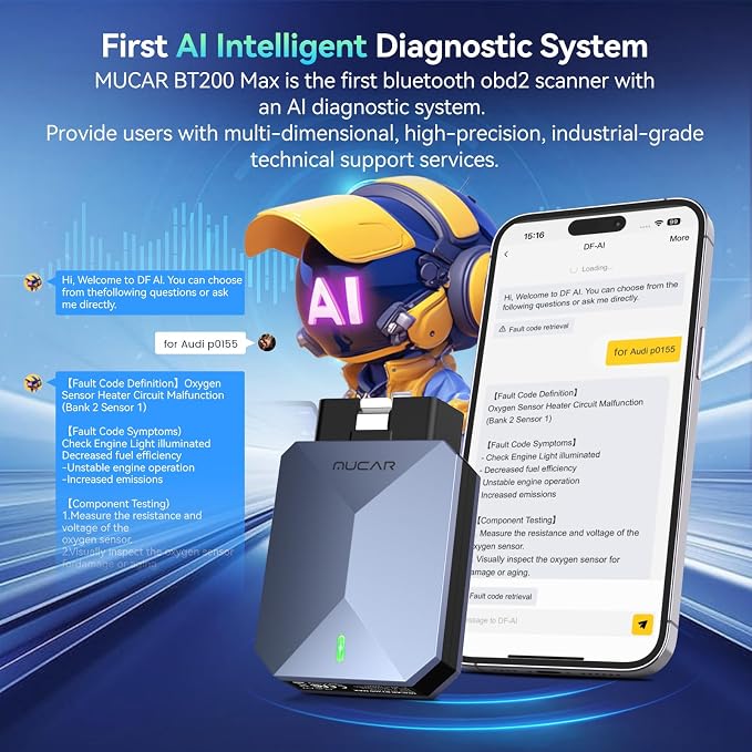 MUCAR AI-Assisted OBD2 Scanner Bluetooth Lifetime Update, BT200 MAX Compatible with ELM327, All System OBD2 Diagnostic Tool with 15 Resets for iOS & Android, CANFD Protocol, Autoauth for FCA SGW