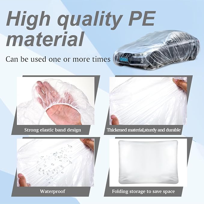 BBTO 1 Pack Universal Plastic Car Cover with Elastic Band Disposable Clear Car Covers Bulk 12.5 x 21.6 ft Waterproof Dustproof Full Exterior Protector for Sedan Outdoor Snow Rain Weather