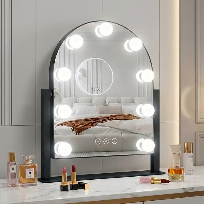Arched Makeup Vanity Mirror with LED Lights Makeup Mirror Detachable 10X Magnification, Hollywood Make Up Mirror with Lighting, Smart Touch, Rechargeable,360° Rotation,Black 14.17"x 11.81"